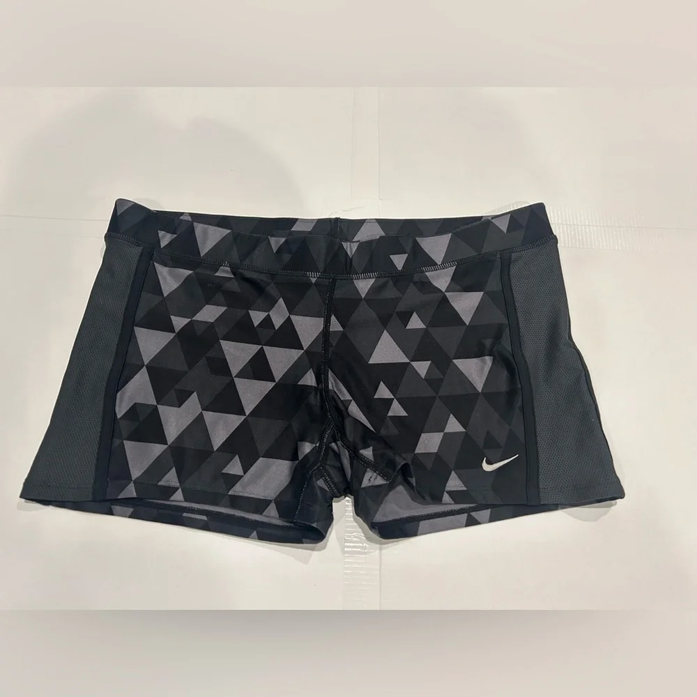 Nike Stretch Tight Shorts Womens Large Dri-Fit Black Grey Geometric Triangle